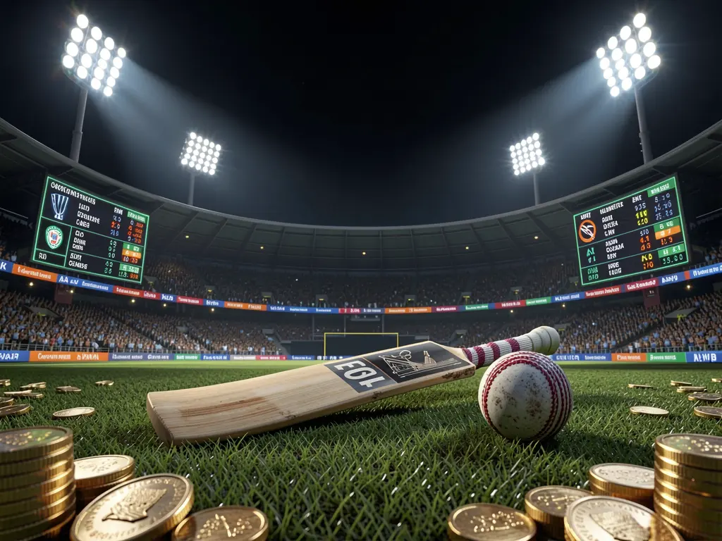 7KBDT cricket betting page hero banner featuring a cricket stadium at night with bright floodlights, a cricket bat and ball on a green pitch, glowing odds panels, and golden coins in a premium dark cinematic 3D render atmosphere