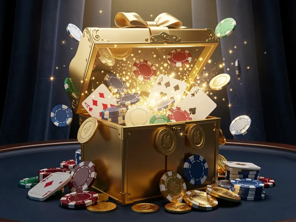 A luxurious welcome bonus scene for 7KBDT online casino featuring an open golden gift box with casino chips, playing cards, and sparkling coins bursting out against a premium dark blue and black background with a bright golden glow in an elegant festive mood