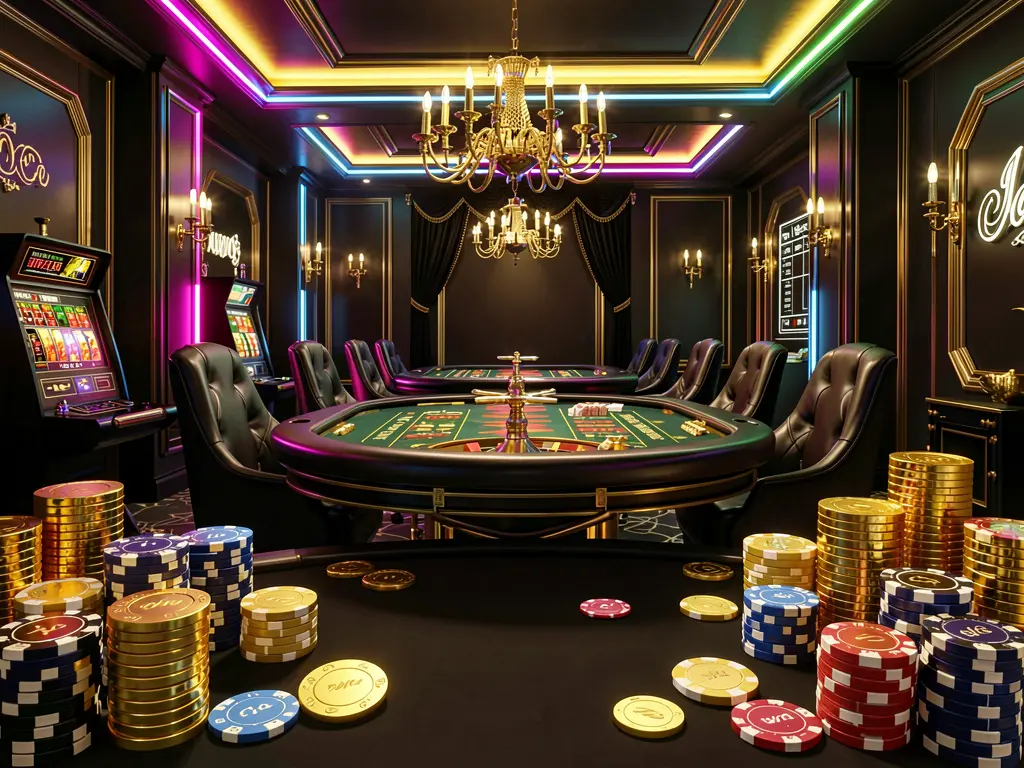 Luxury casino hall with roulette table, poker chips, and golden coins illuminated by glowing neon lights in a premium black and gold atmosphere, showcasing 7KBDT online casino