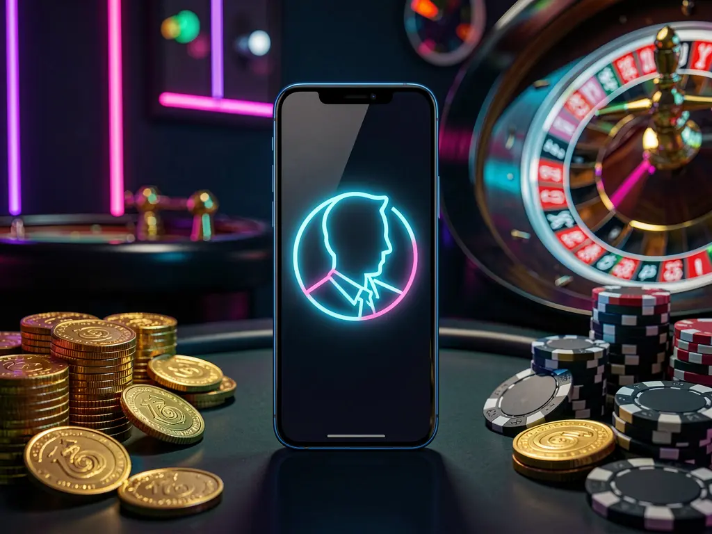 7KBDT online casino login hero image featuring a modern phone with a glowing profile icon, roulette lights in the background, and golden coins and poker chips in a premium dark neon atmosphere